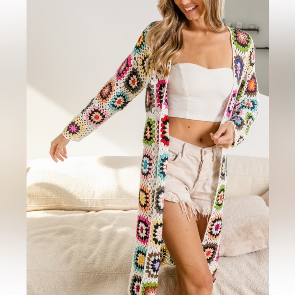 Handmade Granny Square Crochet Cardigan, swim suit cover up/ long cardig… - Picture 8 of 16